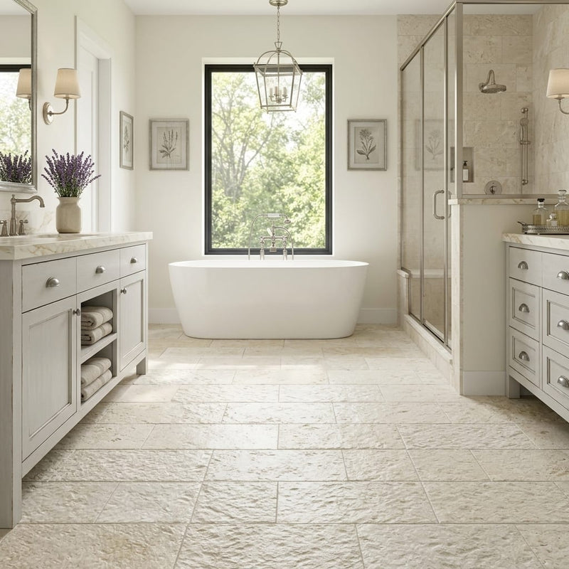 Shell Stone Limestone Veneer 12x24 Splitface tile — Primary Bath floor
