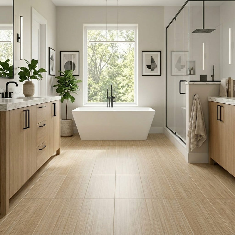 Shibusa Crema 12x24 Porcelain Tile — Primary Bath floor