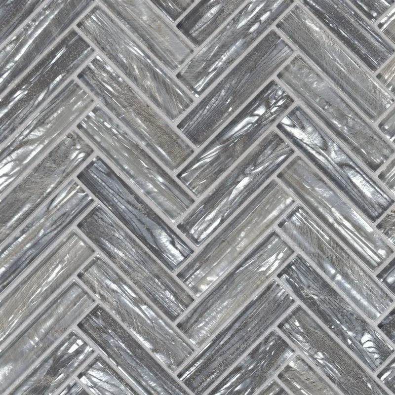 Shimmering Silver Herringbone Pattern Glossy 0.31 Inch Glass Mosaic Tile