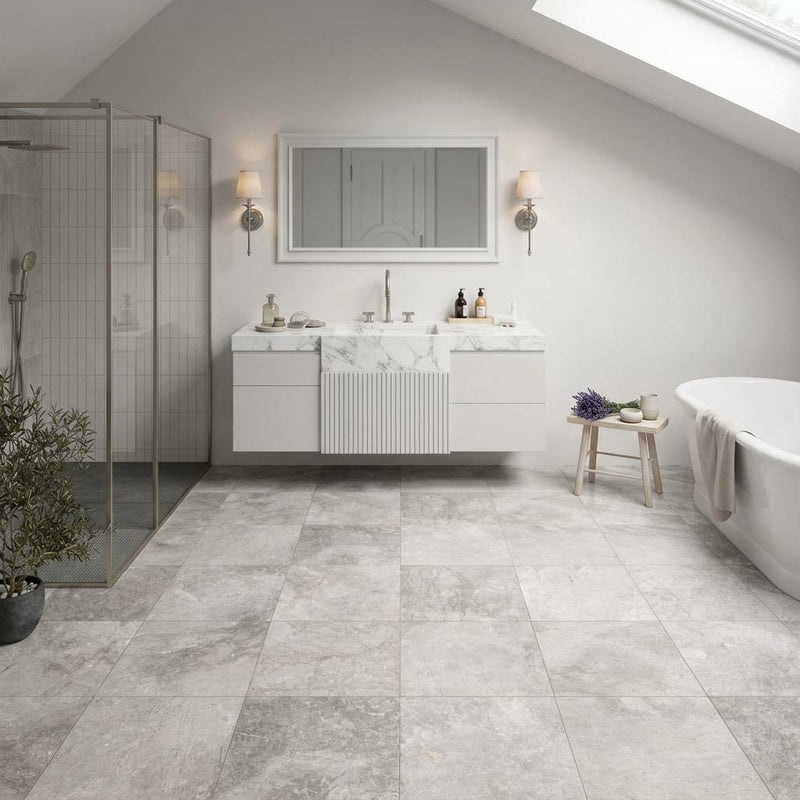 Siberian Tundra Limestone Tile 12x12 Honed 3/8 inch — Bathroom floor