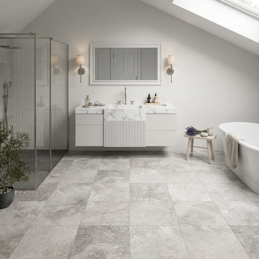Siberian Tundra Limestone Tile 12x12 Honed 3/8 inch — Bathroom floor