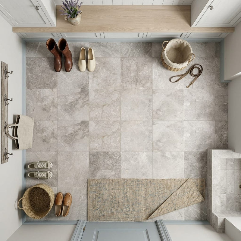 Siberian Tundra Limestone Tile 12x12 Honed 3/8 inch — Mudroom floor