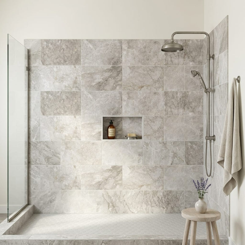 Siberian Tundra Limestone Tile 12x24 Honed 1/2 inch — Bathroom shower wall