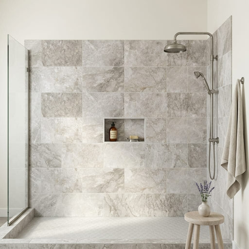 Siberian Tundra Limestone Tile 12x24 Honed 1/2 inch — Bathroom shower wall