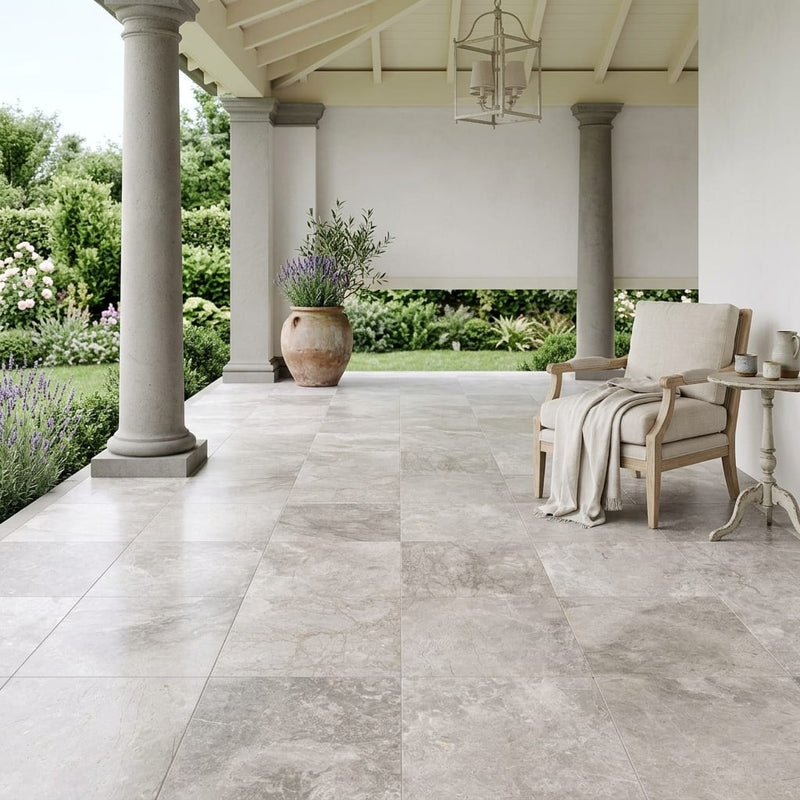 Siberian Tundra Limestone Tile 18x18 Honed 5/8 inch — Covered Patio floor
