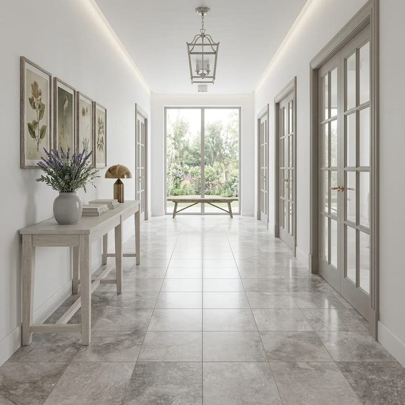 Siberian Tundra Limestone Tile 18x18 Honed 5/8 inch — Hallway floor