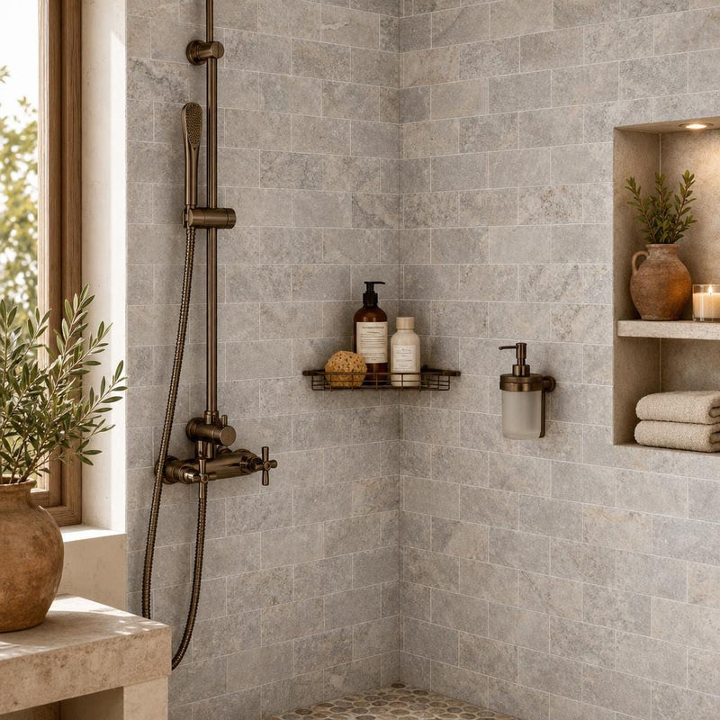 Silver 03x06 Tumbled Travertine Tile 3x6 — Bathroom shower wall