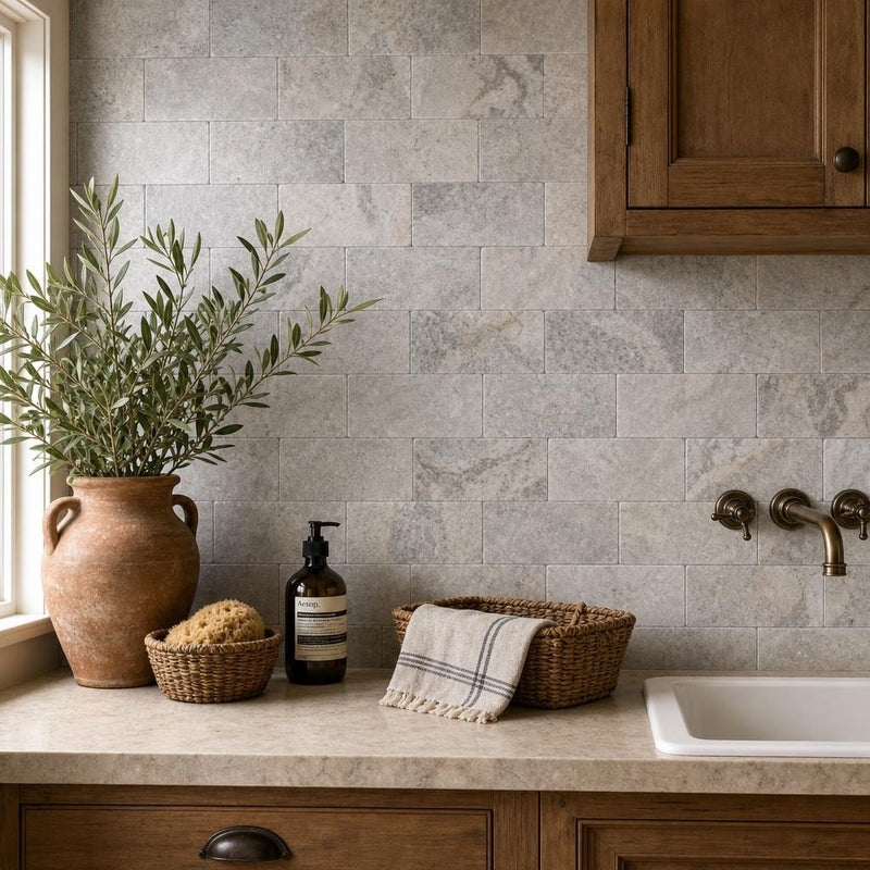 Silver 03x06 Tumbled Travertine Tile 3x6 — Laundry Room backsplash