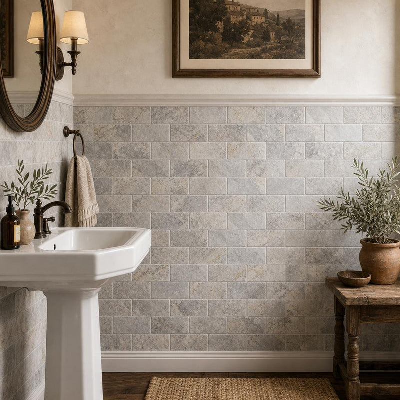 Silver 03x06 Tumbled Travertine Tile 3x6 — Powder Room wainscot