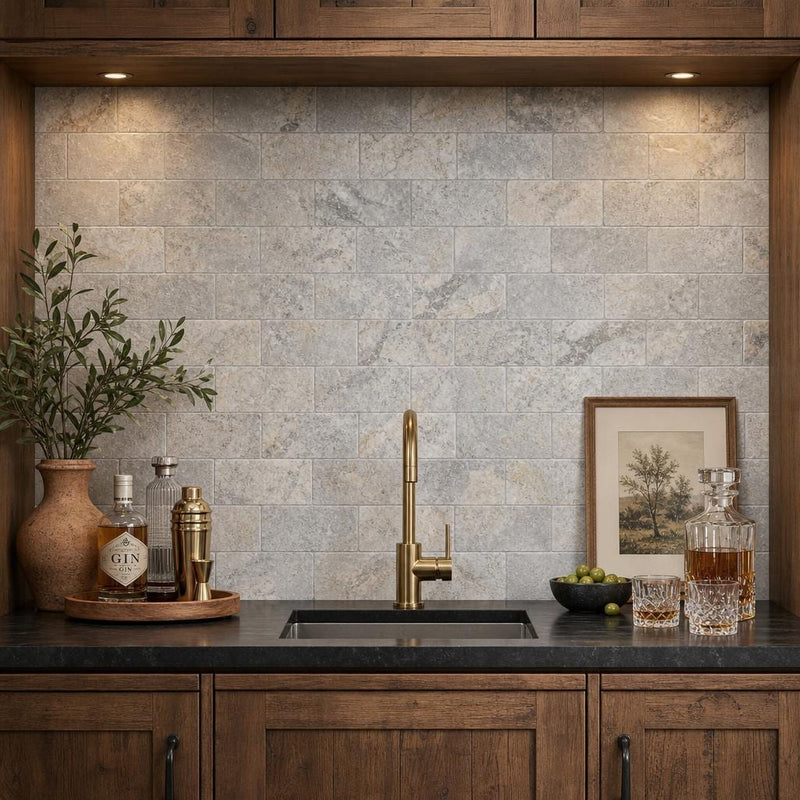 Silver 03x06 Tumbled Travertine Tile 3x6 — Wet Bar backsplash