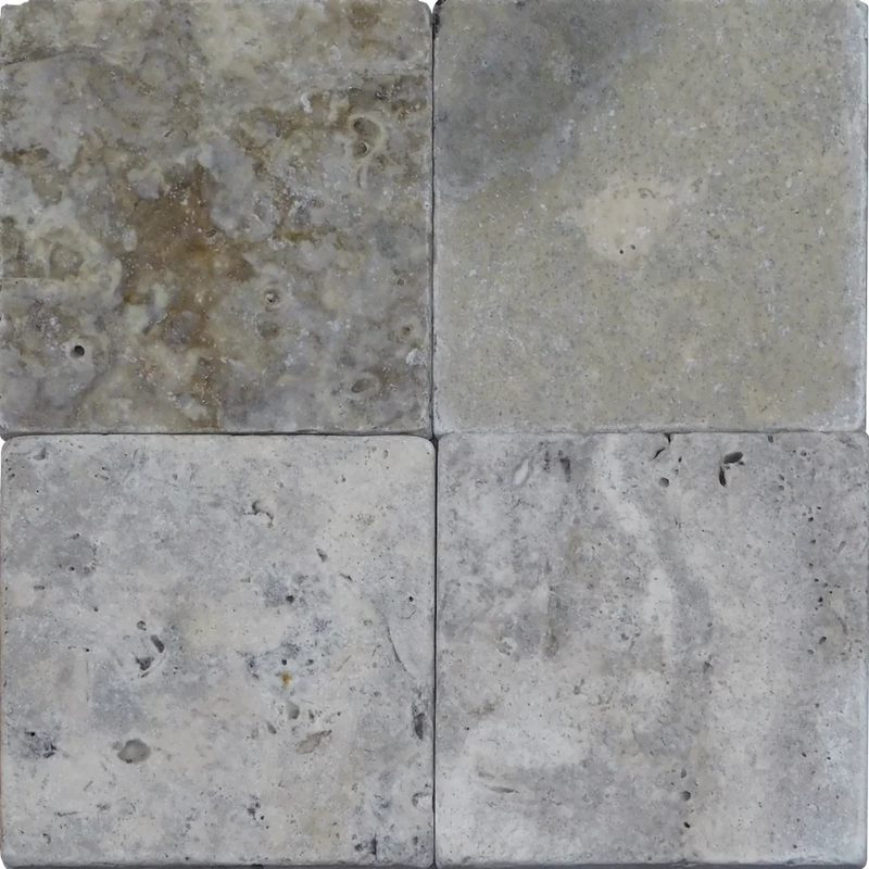 Silver 04x04 Tumbled Travertine Tile