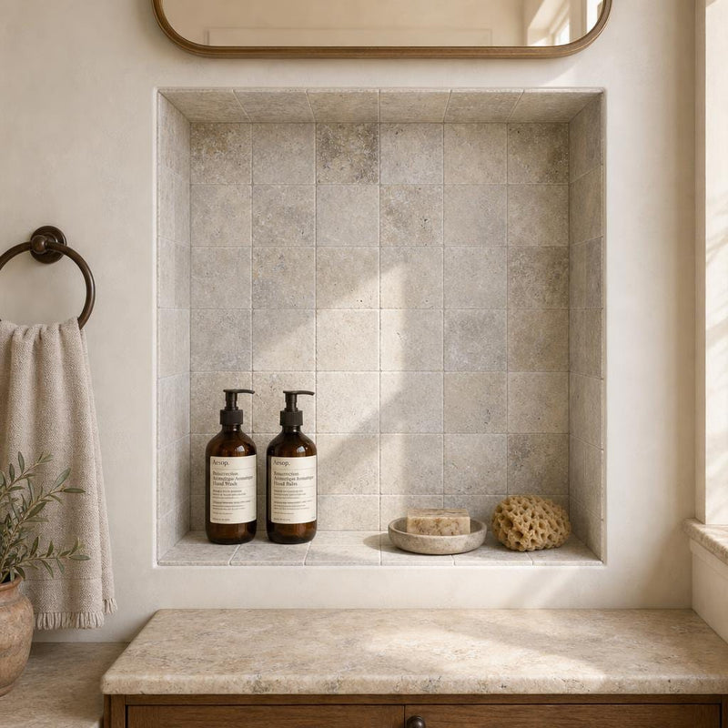 Silver 04x04 Tumbled Travertine Tile 4x4 — Bathroom niche