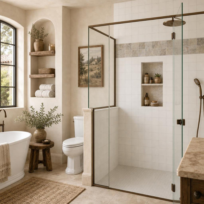 Silver 04x04 Tumbled Travertine Tile 4x4 — Bathroom shower wall accent band