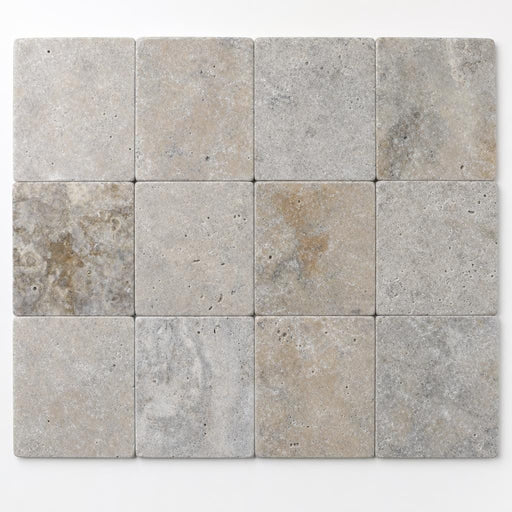 Silver 04x04 Tumbled Travertine Tile 4x4 close-up