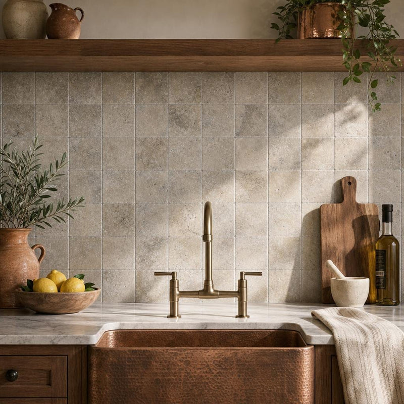 Silver 04x04 Tumbled Travertine Tile 4x4 — Kitchen backsplash