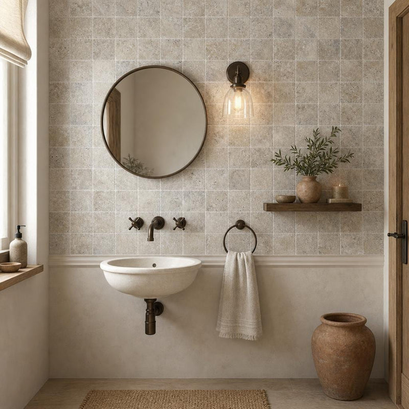 Silver 04x04 Tumbled Travertine Tile 4x4 — Powder Room wall