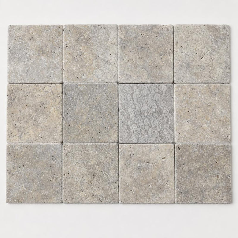 Silver 06x06 Tumbled Travertine Tile 6x6 close-up