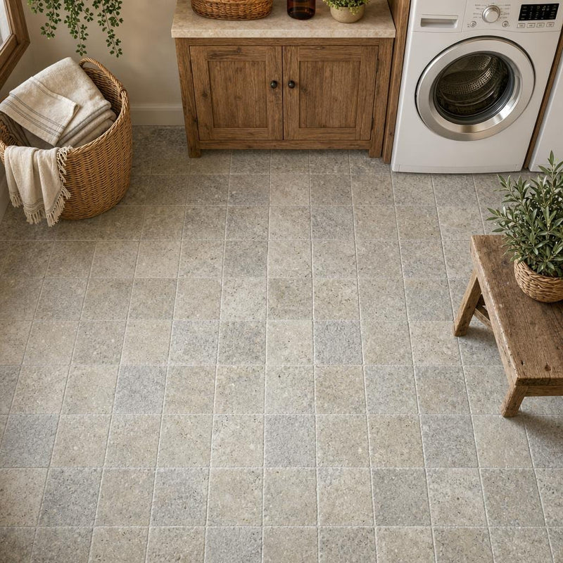 Silver 06x06 Tumbled Travertine Tile 6x6 — Laundry Room floor