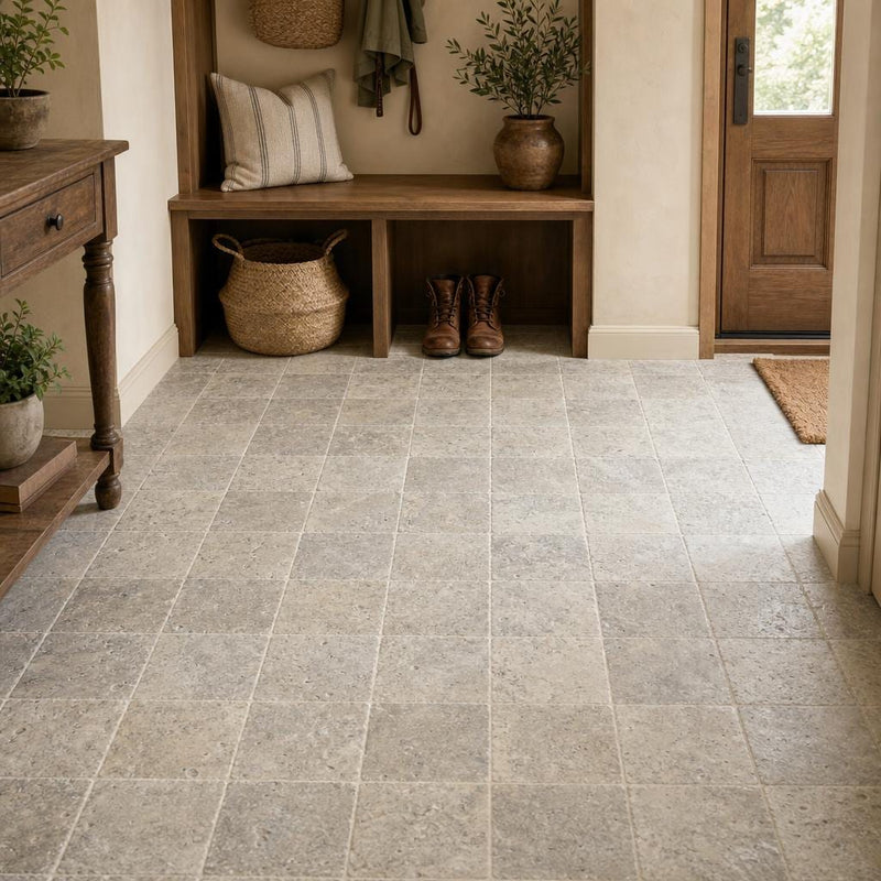 Silver 06x06 Tumbled Travertine Tile 6x6 — Mudroom floor