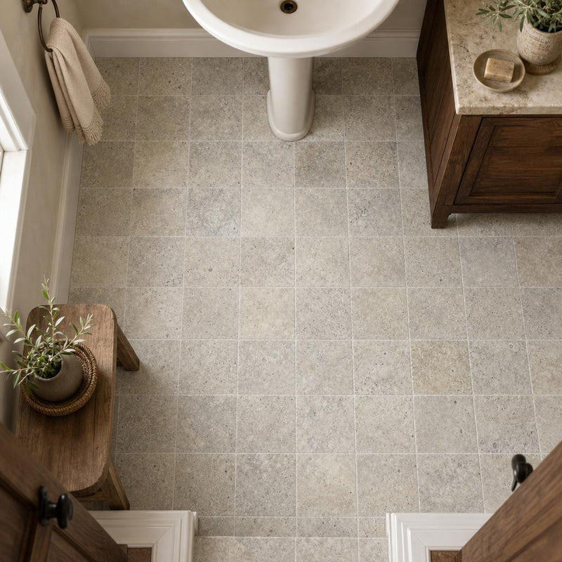 Silver 06x06 Tumbled Travertine Tile 6x6 — Powder Room floor