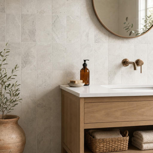 Silver 06x12 Tumbled Travertine Tile — Bathroom wall