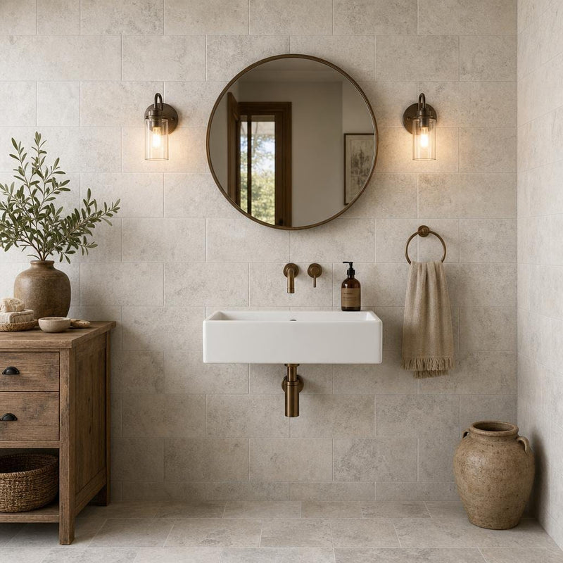 Silver 06x12 Tumbled Travertine Tile — Powder Room wall