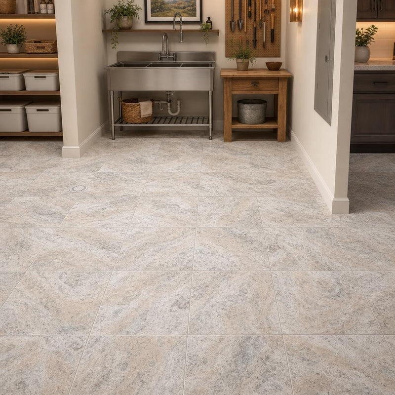 Silver 12x12 HF Travertine Tile — Basement floor