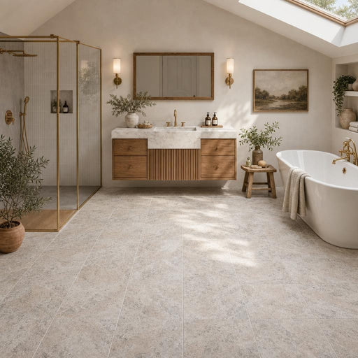 Silver 12x12 HF Travertine Tile — Bathroom floor