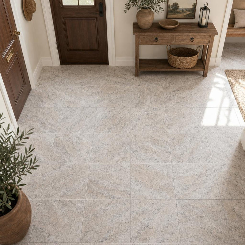 Silver 12x12 HF Travertine Tile — Foyer floor
