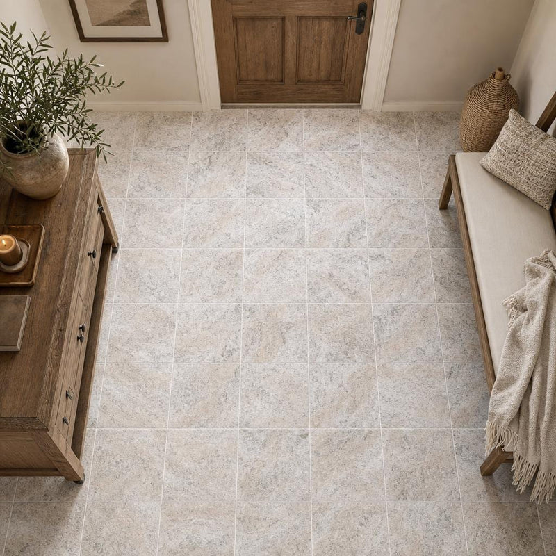 Silver 12x12 HF Travertine Tile — Hallway floor