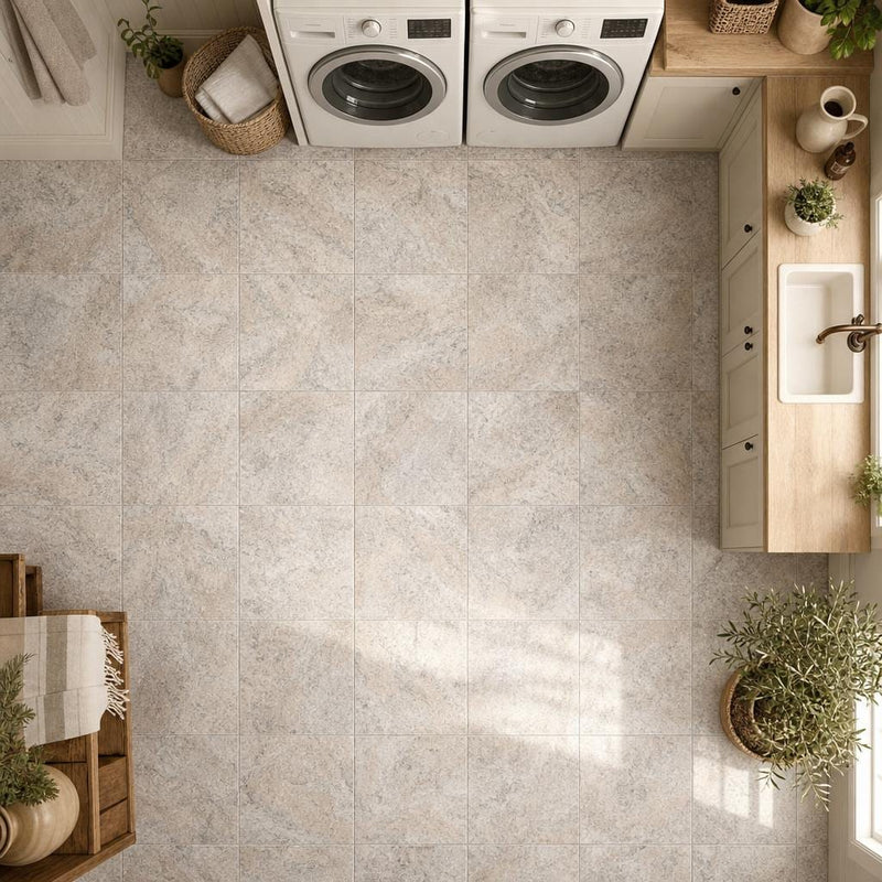 Silver 12x12 HF Travertine Tile — Laundry Room floor