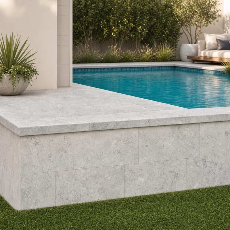 Silver 12x24x2 Unfilled & Honed Travertine Beveled Pool Coping — Swimming Pool raised bond beam cap
