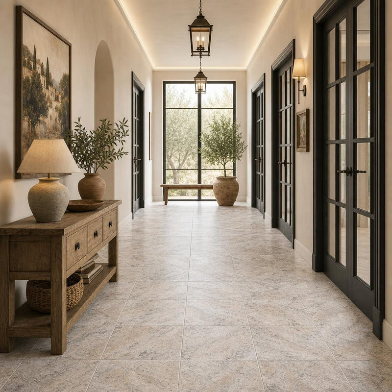 Silver 18x18 HF Travertine Tile — Hallway floor