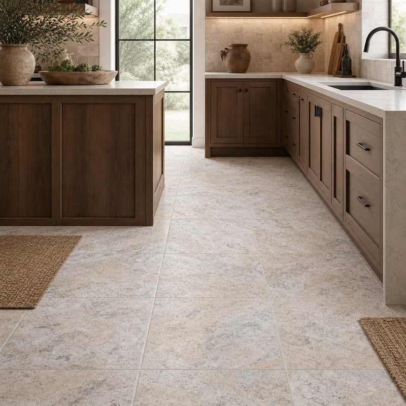 Silver 18x18 HF Travertine Tile — Kitchen floor
