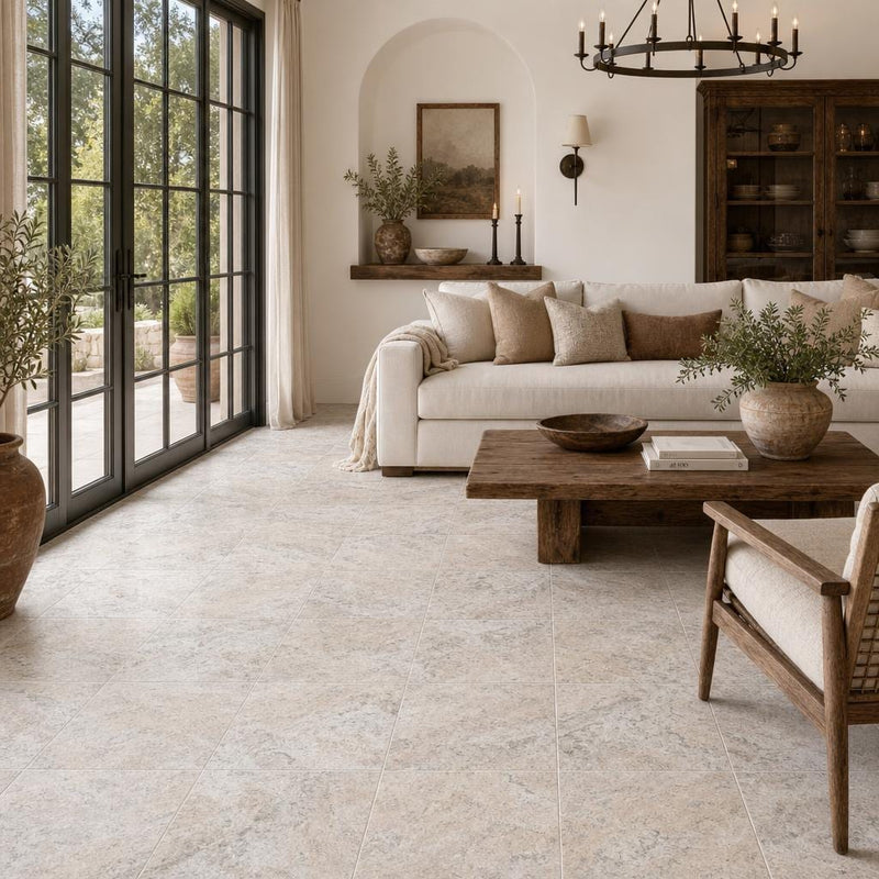 Silver 18x18 HF Travertine Tile — Living Room floor