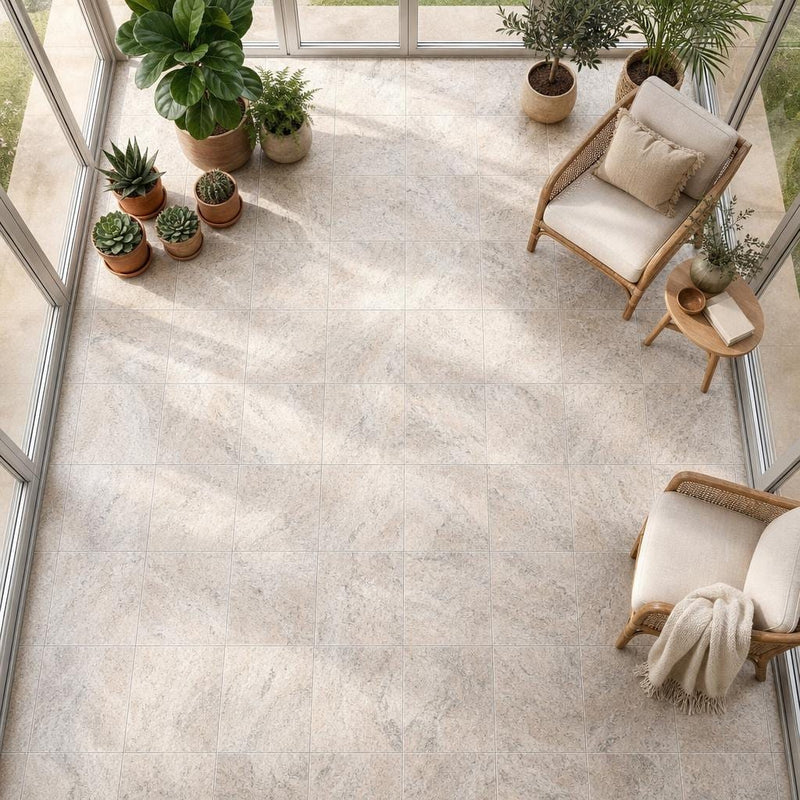 Silver 18x18 HF Travertine Tile — Sunroom floor