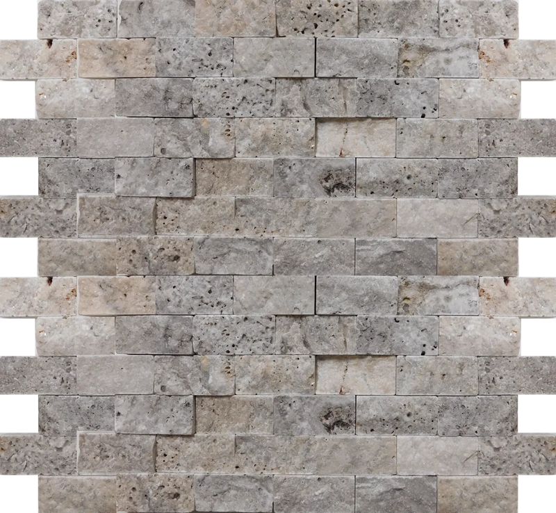 Silver 1x2 Brick Joint Split-Face Travertine Mosaic Tile