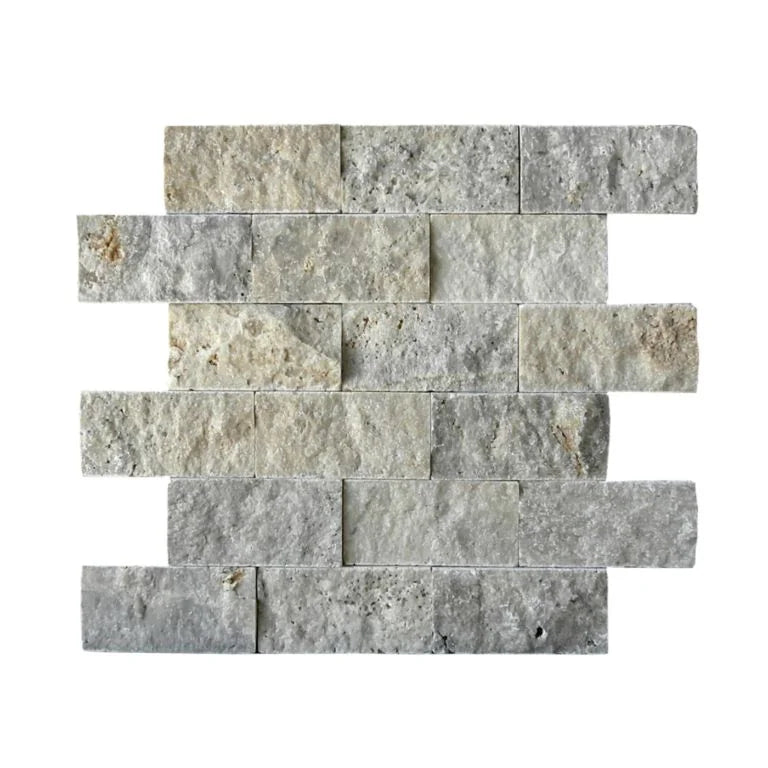 Silver 2x4 Brick Joint Split-Face Travertine Mosaic Tile