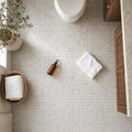 Silver 2x2 Filled & Honed Straight Travertine Mosaic Tile — Bathroom floor