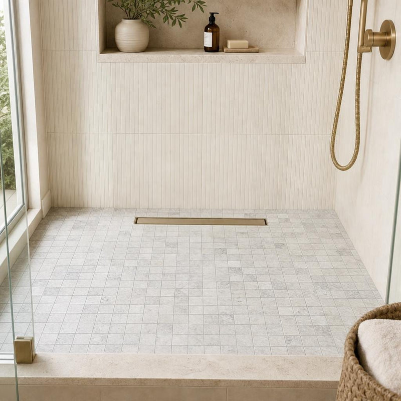 Silver 2x2 Filled & Honed Straight Travertine Mosaic Tile — Bathroom shower floor