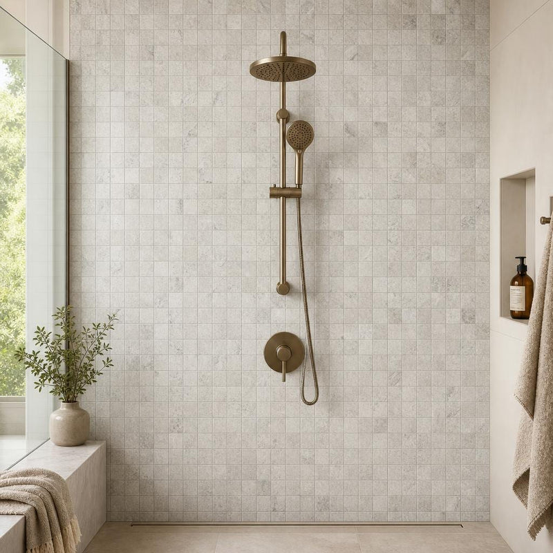 Silver 2x2 Filled & Honed Straight Travertine Mosaic Tile — Bathroom shower wall
