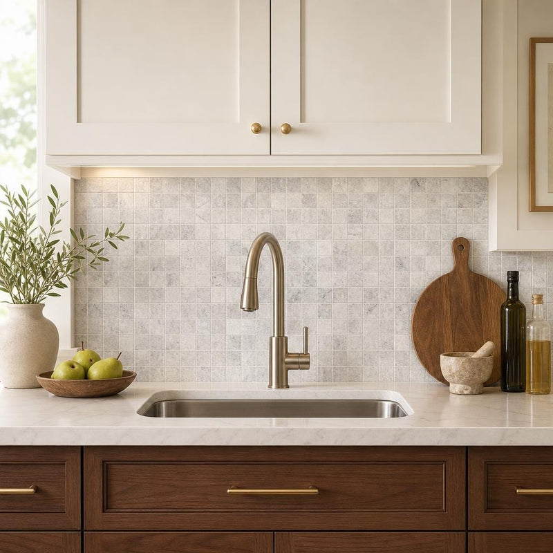 Silver 2x2 Filled & Honed Straight Travertine Mosaic Tile — Kitchen backsplash