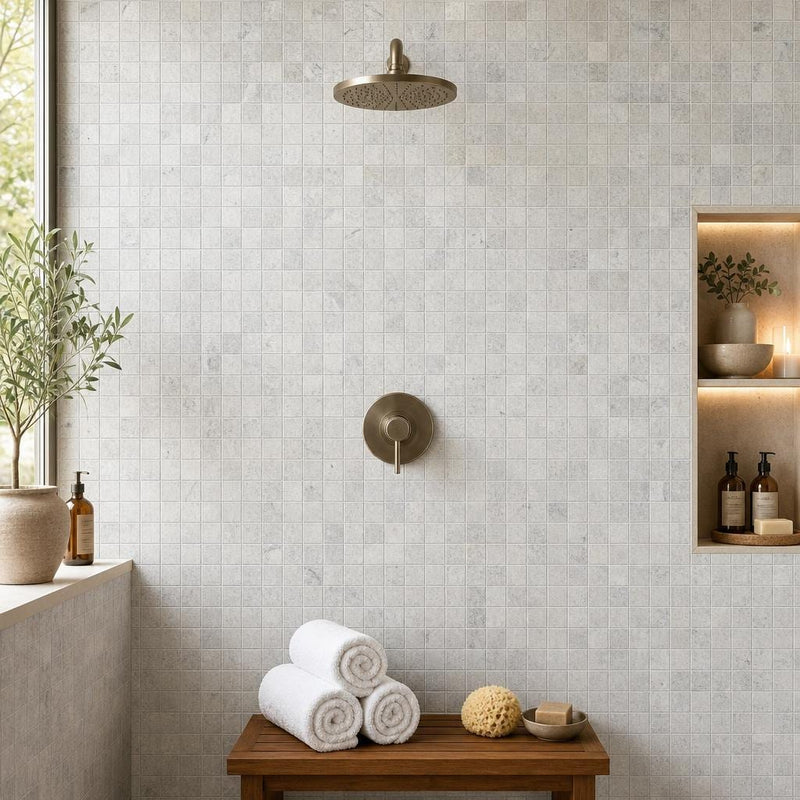 Silver 2x2 Filled & Honed Straight Travertine Mosaic Tile — Spa spa interior