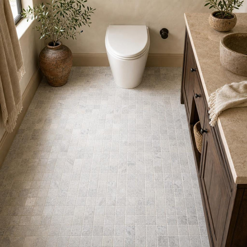 Silver 2x2 Tumbled Travertine Mosaic Tile — Bathroom floor
