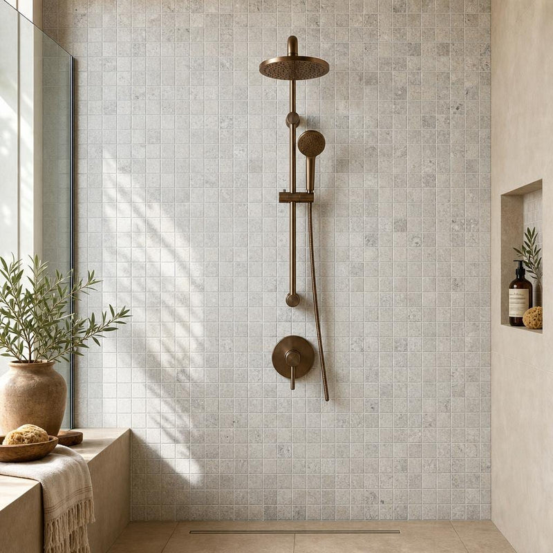 Silver 2x2 Tumbled Travertine Mosaic Tile — Bathroom shower wall