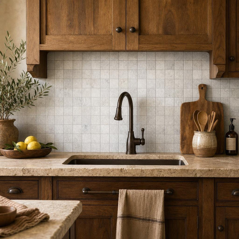 Silver 2x2 Tumbled Travertine Mosaic Tile — Kitchen backsplash