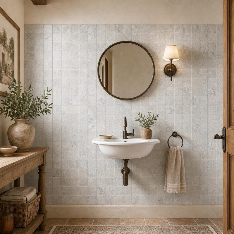 Silver 2x2 Tumbled Travertine Mosaic Tile — Powder Room wall
