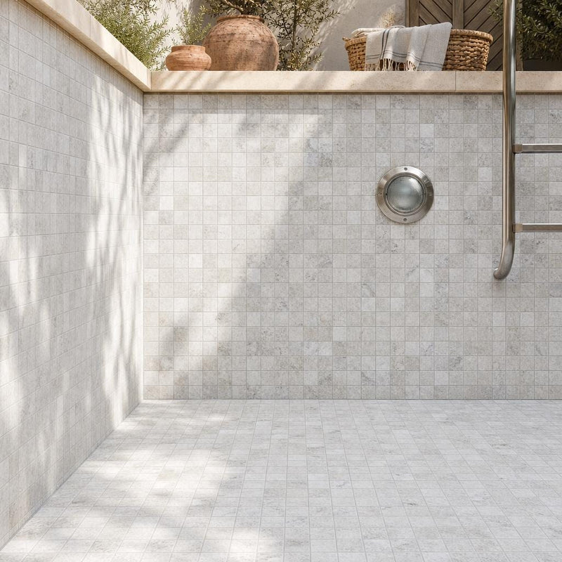 Silver 2x2 Tumbled Travertine Mosaic Tile — Swimming Pool pool interior tiling