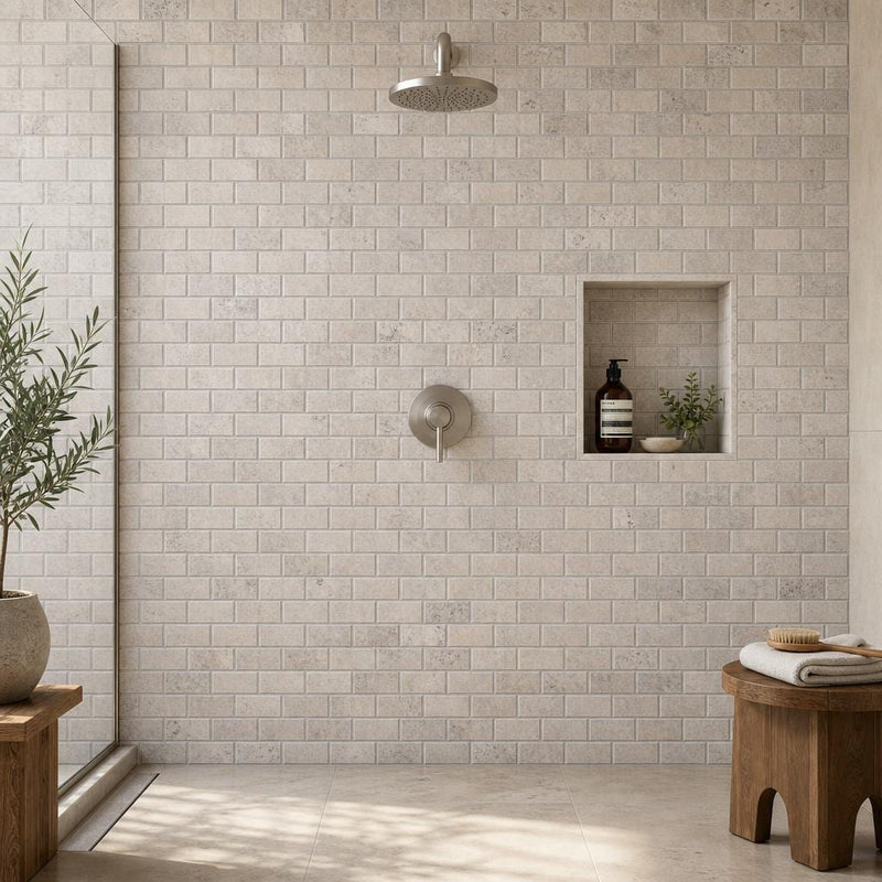 Silver 2x4 Subway Honed Travertine Mosaic Tile — Bathroom shower wall