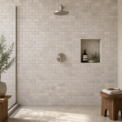Silver 2x4 Subway Honed Travertine Mosaic Tile — Bathroom shower wall